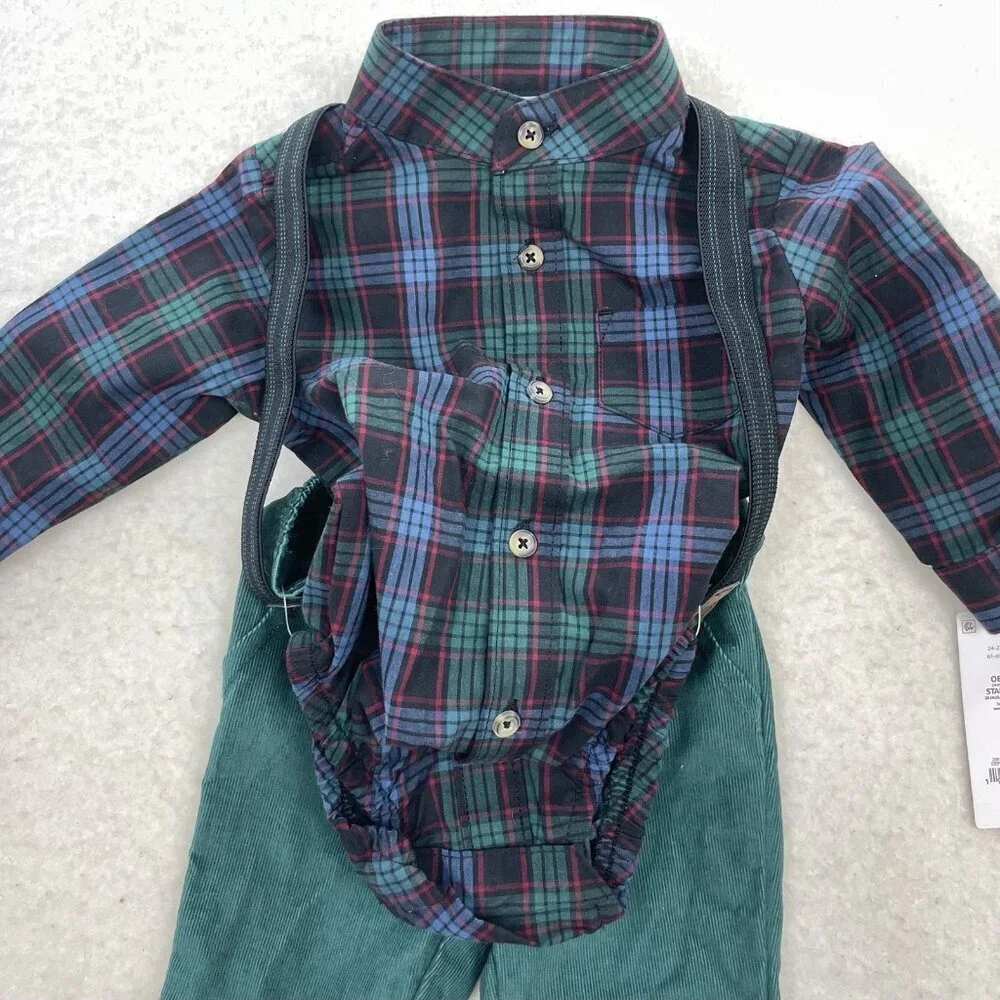 CARTERS Just One You Suspender 3-Pc Plaid Top Green Corduroy Pants Boy 6 Months